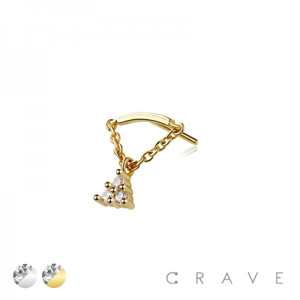 316L SURGICAL STEEL THREADLESS PUSH IN TRIPLE ROUND BEZEL CHAIN DANGLE DANGLE CZ TOP PART